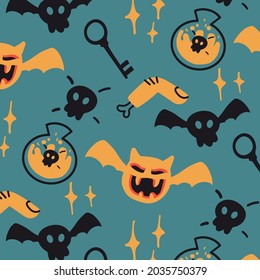 Cute hand drawn halloween seamless pattern with pumpkins and skull for print and design. Vector isolated illustration in cartoon style