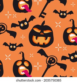 Cute hand drawn halloween seamless pattern with pumpkins and bat for print and design. Vector isolated illustration in cartoon style