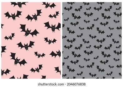 Cute Hand Drawn Halloween Seamless Vector Pattern with Funny Bats Isolated on a Pastel Pink and Gray Background. Nursery Vector Art with Sweet Little Bat Flying  in the Night. Halloween Wallpaper.