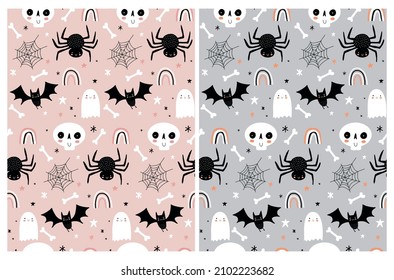 Cute Hand Drawn Halloween Seamless Vector Patterns with Little White Ghost, Human Skull, Black Bat and Spider, Cobweb, Rainbow and Stars on a Pastel Pink and Gray Background. Halloween Wallpaper.