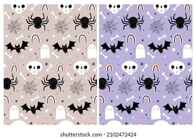 Cute Hand Drawn Halloween Seamless Vector Patterns with Little White Ghost, Human Skull, Black Bat and Spider, Cobweb, Rainbow and Stars on a Beige and Violet Background. Halloween Wallpaper.