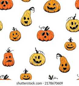 Cute hand drawn Halloween seamless pattern with pumpkins, great for textiles, surfaces, banners, wallpapers