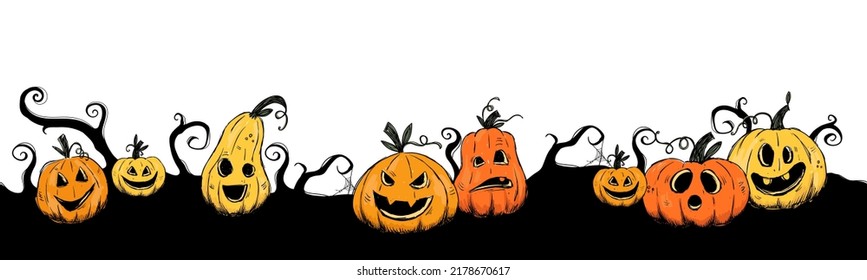 Cute hand drawn Halloween seamless pattern with pumpkins, great for textiles, surfaces, banners, wallpapers