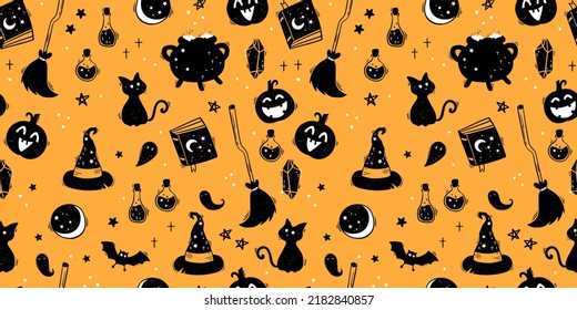 Cute hand drawn Halloween seamless pattern, colorful doodle background, great for Halloween banners, wallpapers, textiles, wrapping - vector design 
