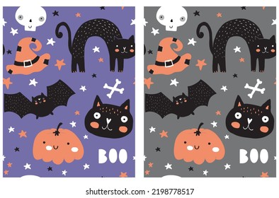 Cute Hand Drawn Halloween Seamless Patterns. Little White Skull, Black Spider, Cool Bat, Witch Hat, Sweet Pumpkin, Bones, Funny Cats and Stars on a Violet and Gray Background. Lovely Halloween Prints.