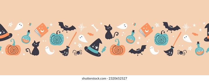 Patrón transparente de Halloween dibujado a mano con calabazas, murciélagos, dulces y más decoración, fondo divertido, genial para textiles, envoltura, banners, papel de pared - diseño vectorial
