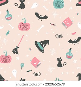 Cute hand drawn Halloween seamless pattern with pumpkins, bats, sweets and more decoration, fun background, great for textiles, wrapping, banners, wallpaper - vector design
