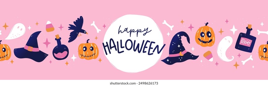 Cute hand drawn Halloween seamless pattern, colorful doodle background, great for Halloween banners, wallpapers, textiles, wrapping - vector design 