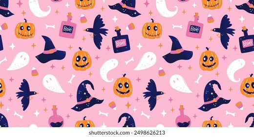 Lindo dibujo a mano de Halloween sin patrón, colorido doodle de fondo, ideal para Anuncios de Halloween, Fondos de pantalla, textiles, envoltura - diseño de Vector 