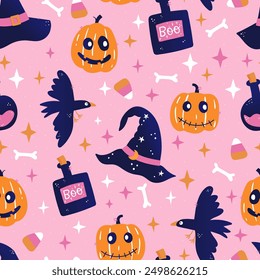 Cute hand drawn Halloween seamless pattern, colorful doodle background, great for Halloween banners, wallpapers, textiles, wrapping - vector design 