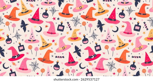 Cute hand drawn Halloween seamless pattern, colorful doodle background, great for Halloween banners, wallpapers, textiles, wrapping - vector design 