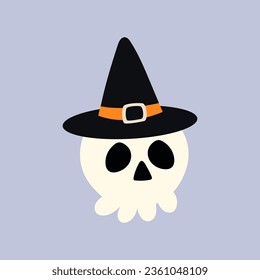 Calavera de Halloween dibujada a mano en un sombrero. Los humanos siguen siendo pegajosos. Calavera espeluznante pero encantadora. Ilustración del material vectorial en el fondo púrpura aislado.