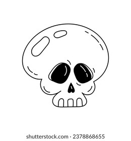 Cute hand drawn Halloween skull in outline doodle style. Human remains sticker. Creepy but charming skull. Vector stock illustration on isolated white background.