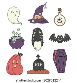 Colección de símbolos de Halloween dibujada a mano. Conjunto vectorial de ilustraciones kawaii con calabaza, fantasma, murciélago, caldero y sombrero de bruja, tumba, ataúd. Para tarjeta, impresión, afiche, regalo, pegatina, papel envolvente