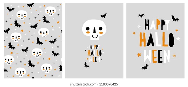 Cute Hand Drawn Halloween Vector Illustration. White Funny Smiling Skull on a Light Gray Background. Handwritten Happy Halloween. Black Bats. Cute Halloween Wallpaper.  Funny Skulls and Bats Pattern. 