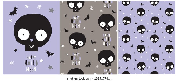 Cute Hand Drawn Halloween Vector Card and Seamless Patterns. Infantile Style Halloween Party Decoration. Funny Smiling Skulls and Flying Bats isolated on a Violet and Gray Background.