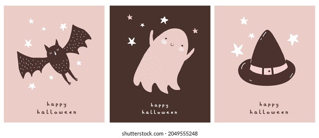 Cute Hand Drawn Halloween Vector Illustration with Funny Ghost, Bat,Stars and Witch Hat on a Brown and Pink Background. Simple Infantile Style Print with Kawaii Ghost and Handwritten Happy Halloween. 