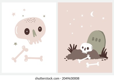 Cute Hand Drawn Halloween Vector Illustration with Funny Human Skull, Stars and Tomb on a White and Light Dusty Pink Background.Simple Infantile Style Halloween Print ideal for Card, Poster, Wall Art.