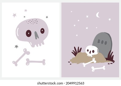 Cute Hand Drawn Halloween Vector Illustration with Funny Human Skull, Stars and Tomb on a White and Violet Background.Simple Infantile Style Halloween Print ideal for Card, Poster, Wall Art.