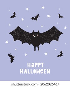 Cute Hand Drawn Halloween Vector Illustration with Funny Bats and Stars on a Light Violet Background. Simple Infantile Style Print with Flying Bats and Handwritten Happy Halloween.