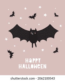 Ilustración de vectores de Halloween con divertidos murciélagos y estrellas en un fondo rosado y turbio. Impresión sencilla de estilo infantil con gatos voladores y Halloween feliz escrito a mano.