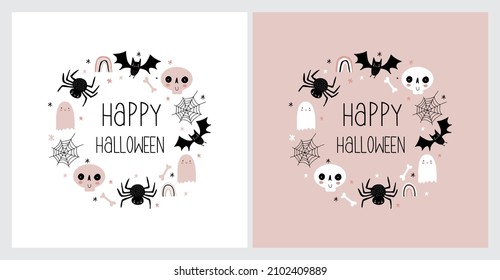 Cute Hand Drawn Halloween Vector Illustrations. Little Ghosts,  Cobweb, Funny Skull, Spider, Bones, Buts, Rainbow and Stars on a White and Pastel Pink Background. Halloween Print ideal for Card.