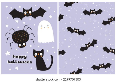 Cute Hand Drawn Halloween Vector Card and Seamless Pattern. Little White Ghost, Black Spider, Cool Bat, Sweet Funny Cat and Stars on a Light Violet Background. Lovely Pink Halloween Prints.