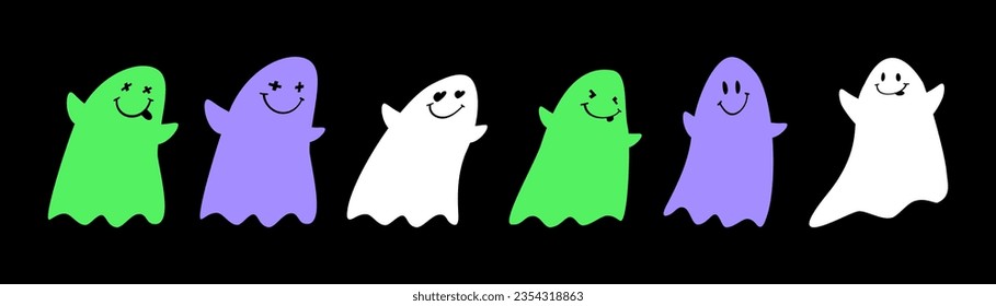 Tarjeta de vectores de Halloween con pequeñas gafas felices. Fantasmas blancos, neones verdes y violetas al estilo Y2K aislados en un fondo negro. Encantadora Ilustración De Halloween. Colores RGB. Sin texto.