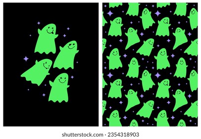 Cute Hand Drawn Halloween Vector Card and Seamless Pattern. Little Happy Ghosts. Neon Green Y2K Style Ghosts and Violet Stars Isolated on a Black Background. Lovely Halloween Illustration. RGB Colors.