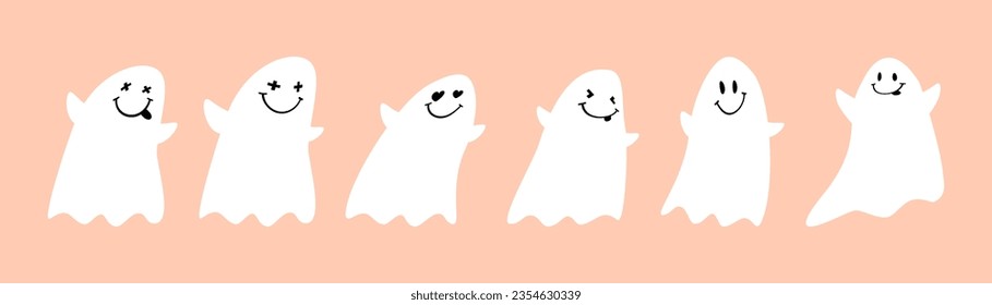 Tarjeta de vectores de Halloween con pequeñas gafas felices. Fantasmas blancos de estilo Y2K aislados en un fondo rosado de coral. Encantadora Ilustración De Halloween. Colores RGB. Sin texto.
