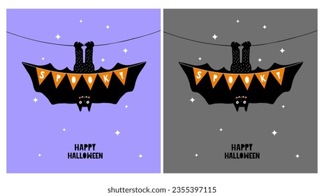 Cute Hand Drawn Halloween Vector Card with Happy Bat Isolated on a Violet and Dark Gray Background. Bat Hanging Upside Down Holding a Banner Says "Spooky" Lovely Halloween Illustration. RGB Colors. 