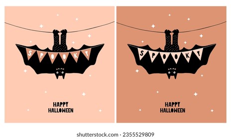 Cute Hand Drawn Halloween Vector Card with Happy Bat Isolated on a Coral Pink and Brown Background. Bat Hanging Upside Down Holding a Banner Says "Spooky" Lovely Halloween Illustration. RGB Colors.