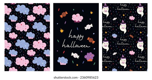 Cute hand drawn Halloween vector card and seamless pattern. Little white ghost, sweets, cupcakes, candy, cotton candy and bright confetti on a black background. Lovely prints for Halloween.