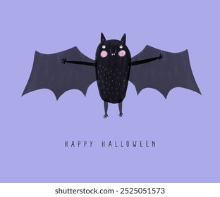 Bela mão desenhada Halloween Vetor Card. Engraçado Morcego de fundo violeta. Feliz Dia das Bruxas. Morcego negro assustador com dentes de vampiro. Desenho infantil desenhado à mão desenhado Impressão de Halloween. Kawaii Bat. RGB