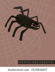 Mão bonito desenhado Halloween Vetor Card com aranha preto engraçado em um fundo marrom. Feliz Dia das Bruxas. Aranha assustadora sentada em uma teia de cobra. Desenho infantil desenhado à mão desenhado Impressão de Halloween. RGB