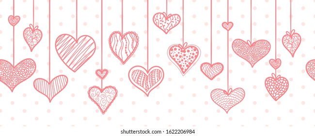 Cute hand drawn hanging doodle hearts horizontal seamless pattern, romantic background, great for textiles, valentines day wrapping, banner, wallpaper - vector design
