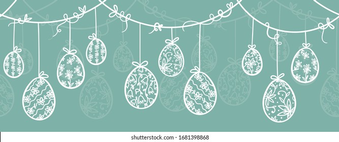 Hitzhandgezeichnete Ostereier mit floralem Muster, horizontal nahtlos, Ostergarland, ideal für Webbanner, Karten, Vektorillustration Design
