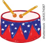 Cute hand drawn happy 4th of july usa united states of America national independence day blue red stars stripes drum icon patriotic patriotism watercolor crayon doodle illustration design vector