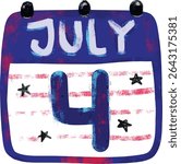 Cute hand drawn happy 4th of july usa united states of America national independence day blue red stars stripes calendar icon patriotic patriotism watercolor crayon doodle illustration design clipart