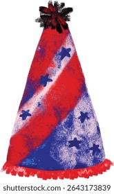 Cute hand drawn happy 4th of july usa united of states of America national independence day blue red stripes flag grunge patriotic party hat clipart doodle watercolor crayon kids illustration vector