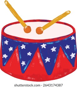 Cute hand drawn happy 4th of july usa united states of America national independence day blue red stars stripes drum icon patriotic patriotism watercolor crayon doodle illustration design vector