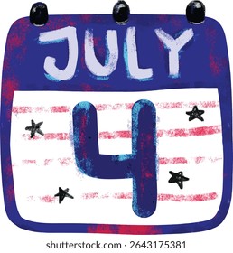 Cute hand drawn happy 4th of july usa united states of America national independence day blue red stars stripes calendar icon patriotic patriotism watercolor crayon doodle illustration design clipart