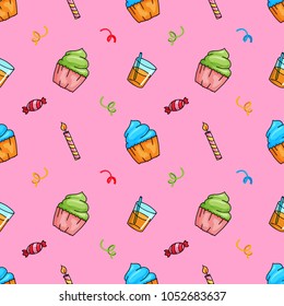 Cute Hand drawn Happy Birthday Cup Cake with Drink glass, candle, and Candy seamless pattern.