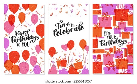 Cute hand drawn Happy Birthday cards set with text design, doodle pattern backgrounds, perfect for Birthday Cards, Gift Tags or banners - vector design