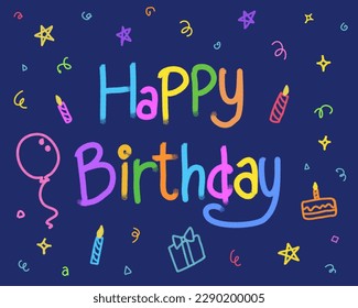 cute hand drawn happy birthday lettering with balloons, garland, cake and candles on blue background.
