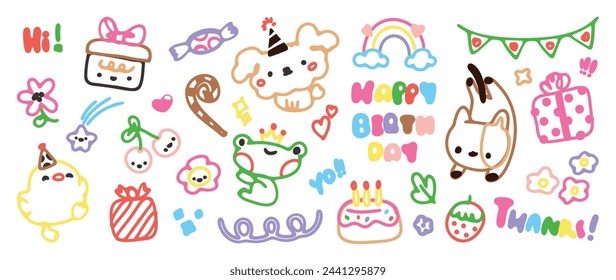 Cute hand drawn Happy birthday doodle vector set. Colorful collection of dog, frog, chick, cake, lollipop, gift, decorative flag. Adorable creative design element for decoration, prints, ads.