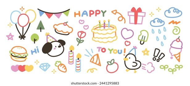 Cute hand drawn Happy birthday doodle vector set. Colorful collection of dog, chick, cake, balloon, flower, candle, decorative flag. Adorable creative design element for decoration, prints, ads.