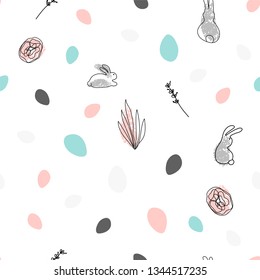 Cute hand drawn happy easter seamless pattern with different organic doodle shapes of cartoon bunnies, floral textures , eggs confetti elements