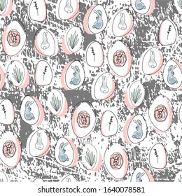 Cute hand drawn happy easter seamless pattern with different organic doodle shapes of cartoon bunnies, floral textures , eggs confetti elements