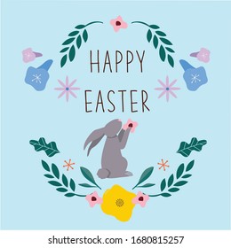Dibujo a mano Feliz Pascua con flores de primavera y orejas de conejo/conejo. Hermoso fondo pastel magnífico para tarjetas de Pascua, banner, textiles, papel pintado - diseño vectorial
